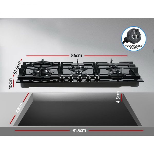 Devanti Gas Cooktop 90cm 5 Burner Stove Hob Cooker Kitchen NG LPG Black Glass - Image 2