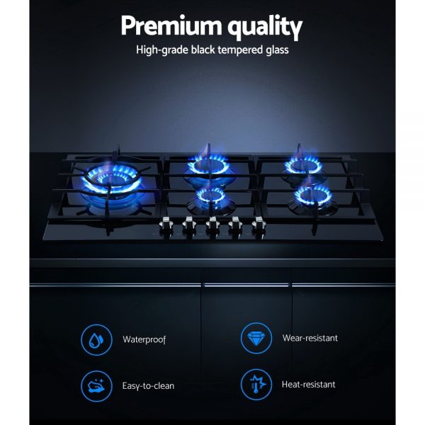 Devanti Gas Cooktop 90cm 5 Burner Stove Hob Cooker Kitchen NG LPG Black Glass - Image 4